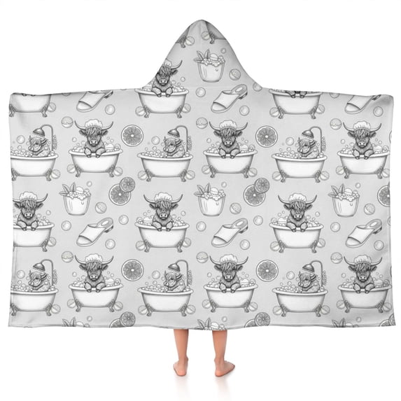 Gray Highland Cow Bathtub Lemon Pattern Hooded Bath Towel,50"x30" for Ages 3 To 12 Kids, Quick Dry Lightweight Soft Microfiber Hood Beach Towel Cover Up for Kids