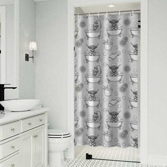 Gray Highland Cow Bathtub Lemon Pattern Shower Curtain 36"x72" ,Bathroom Decorative Shower Curtains Set with 12 Hooks,Modern Waterproof Washable Shower Curtain