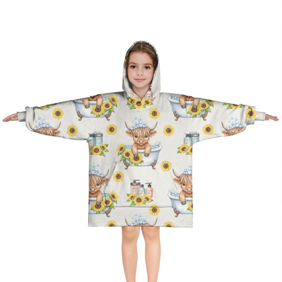 Gray Highland Cow Bathtub Sunflower Pattern Blanket Hoodies for Kids 6-13YR Oversize Wearable Blanket Hoodies for Boys Girls Teens