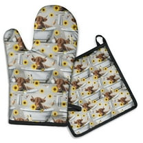 Gray Highland Cow Bathtub Sunflower Pattern Kitchen Oven Mitt and Pot Holder Sets 2 Pcs for Baking, Cooking and Grilling, Heat Resistant Up To 392 °F