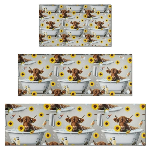 Gray Highland Cow Bathtub Sunflower Pattern Kitchen Rugs Sets Of 3,Kitchen Runner Rugs Non Skid Washable,Decorative Kitchen Floor Mats for Kitchen,Sink,Laundry,17"x30"+ 17"x47" + 17"x59"
