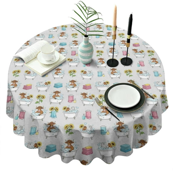 Gray Highland Cow Bathtub Sunflower Pattern Round Tablecloth 60"x60",Wrinkle Wipeable Table Cloth for Kitchen Dining Room Picnic Patio Party