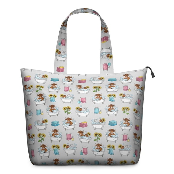 Gray Highland Cow Bathtub Sunflower Pattern Travel Tote Bags for Women Carry On,Large Weekender Bags for Women Travel,Multi Functional Duffle Bag for Work,Shopping,Sports