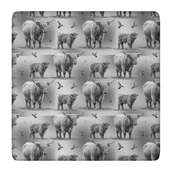 Gray Highland Cow Bird Pattern Square Fitted Tablecloth with Elastic Edge,Square Table Cover,Washable Elastic Table Cover for Home Kitchen Party Decor 36"x36"