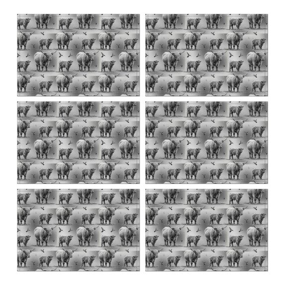 Gray Highland Cow Bird Pattern Summer Placemats Table Placemats Set Of 6-Linen Kitchen Washable Placemats Table Mats 11.8"x17.7" Non-Slip Heat Resistant