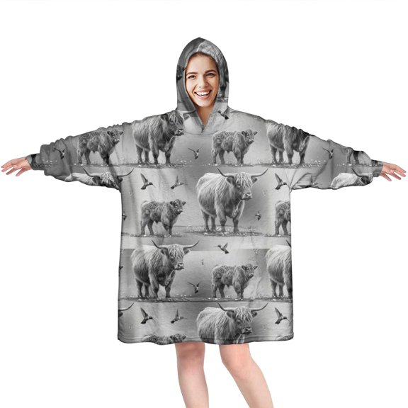 Gray Highland Cow Bird Pattern Wearable Oversized Blanket,Wearable Blanket Hoodie for Adults,Cozy Hooded Blankets with Super Pockets,Super Warm Fuzzy Pullover for Women & Men