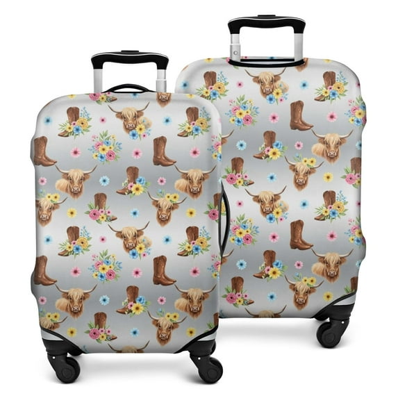 Gray Highland Cow Flower Boot Pattern Luggage Cover Fashion Suitcase Cover Baggage Covers Fit 25-28 Inch Luggage (Go Travel)