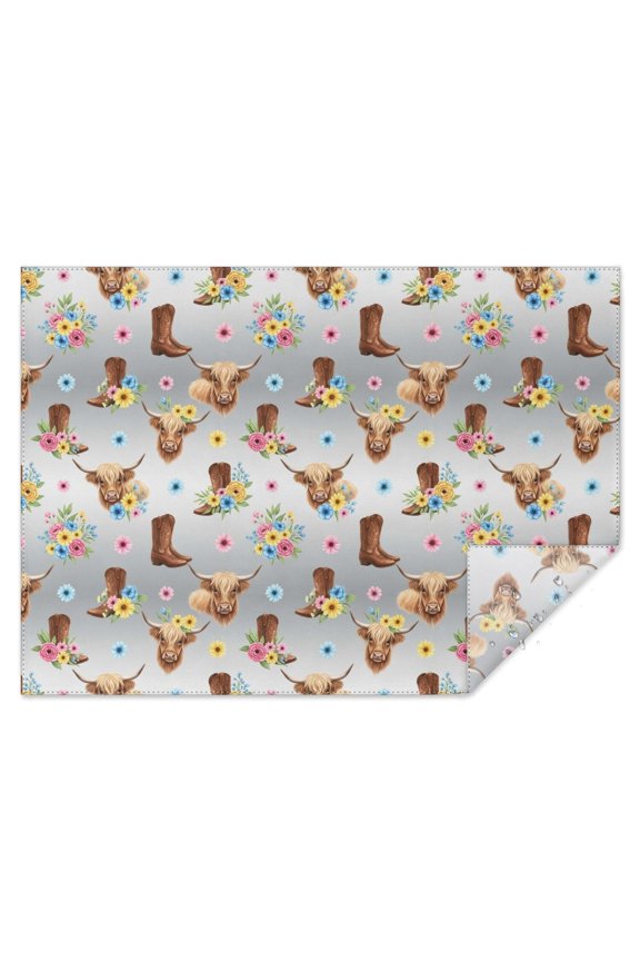 Gray Highland Cow Flower Boot Pattern Rectangle Tablecloth 60"x84",Waterproof Polyester Rectangle Table Cloth, Wipeable Spillproof Polyester Tablecloth for Dining, Camping, Indoor and Outdoor