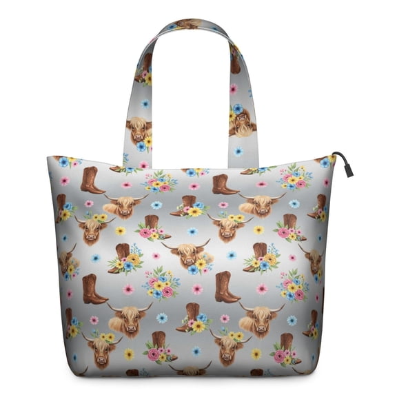 Gray Highland Cow Flower Boot Pattern Travel Tote Bags for Women Carry On,Large Weekender Bags for Women Travel,Multi Functional Duffle Bag for Work,Shopping,Sports