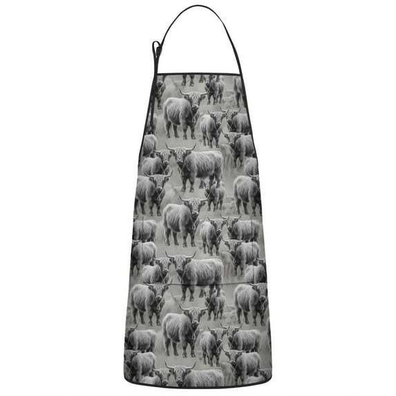 Gray Highland Cow Group Pattern Apron-Garden Aprons for Women with Pockets-Cotton Linen Waterproof Kitchen Cooking Gardening Aprons Adjustable for Kitchen,Cooking,BBQ and Salon 33x27 Inch
