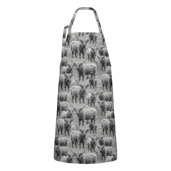 Gray Highland Cow Group Pattern Apron-Garden Aprons for Women with Pockets-Cotton Linen Waterproof Kitchen Cooking Gardening Aprons Adjustable for Kitchen,Cooking,BBQ and Salon 33x27 Inch