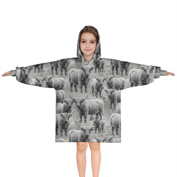 Gray Highland Cow Group Pattern Blanket Hoodies for Kids 6-13YR Oversize Wearable Blanket Hoodies for Boys Girls Teens