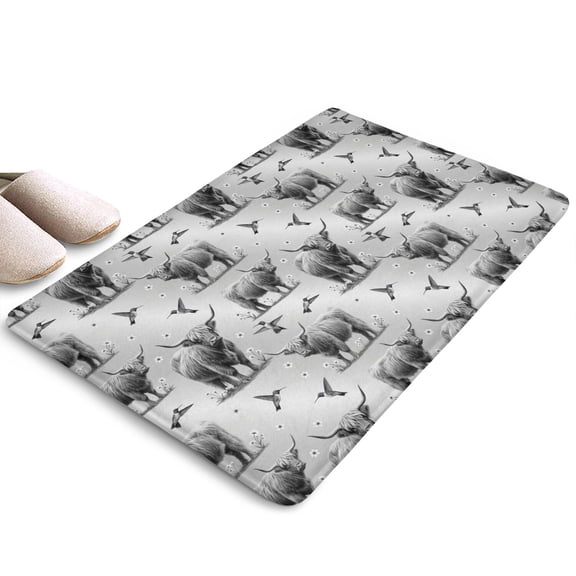 Gray Highland Cow Hummingbird Flannel Non Slip Door Rugs,Washable Door Mats Indoor,Decorative Door Mats,Dirt-Resistant and Absorbent Doormat for Entrance,Bedroom,Kitchen,Bathroom,23.5"x16"