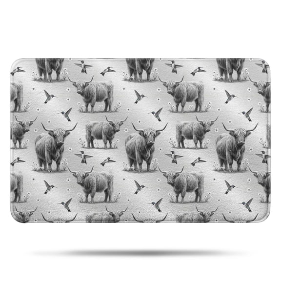 Gray Highland Cow Hummingbird Pattern Bathroom Rugs Mat,Non Slip Microfiber Bathroom Rug,Rubber Backing,Soft Bathroom Mats for Bathroom Floor,Tub and Shower,17x27in(43x68cm)
