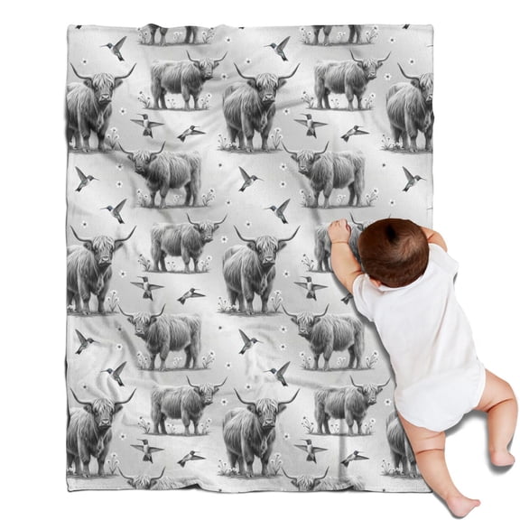 Gray Highland Cow Hummingbird Pattern Blanket,Comfortable Soft Flannel Throw Blanket,All Season,Warm Lightweight Blankets for Sofa Bed Couch Living Room Chair,30"x40"