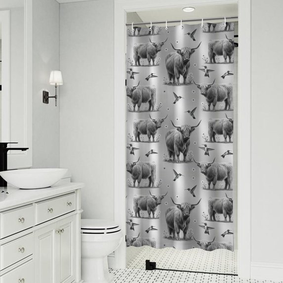 Gray Highland Cow Hummingbird Pattern Shower Curtain 36"x72" ,Bathroom Decorative Shower Curtains Set with 12 Hooks,Modern Waterproof Washable Shower Curtain