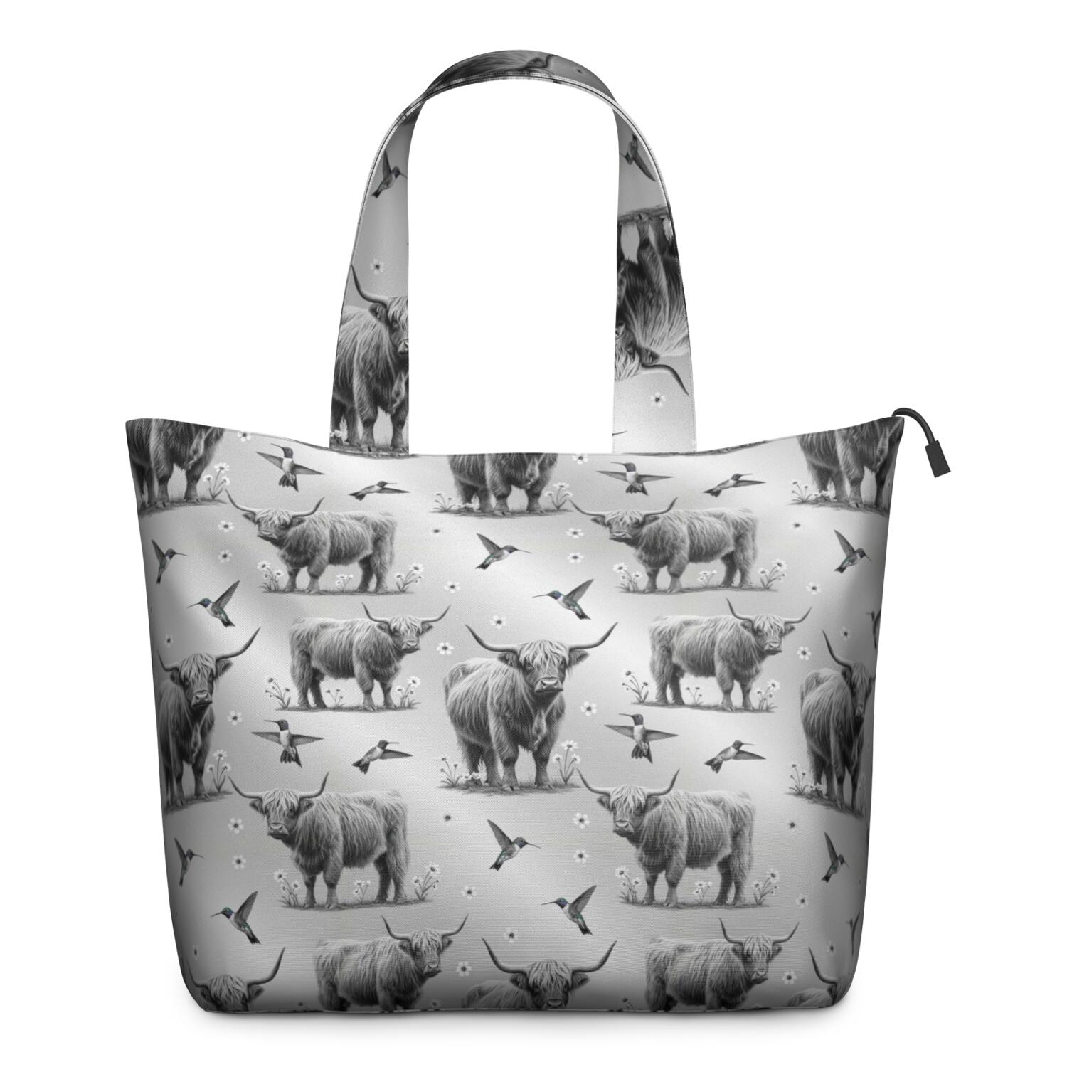 Gray Highland Cow Hummingbird Pattern Travel Tote Bags for Women Carry On,Large Weekender Bags for Women Travel,Multi Functional Duffle Bag for Work,Shopping,Sports