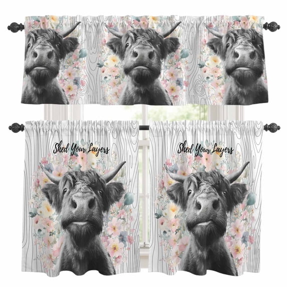 Gray Highland Cow Kitchen Curtains Valances and Tiers Set of 3 Abstract Animal Shched Your Layers Pink Flower Line Tier Curtains and Valance with Rod Pocket for Small Windows, 27.5"x36"