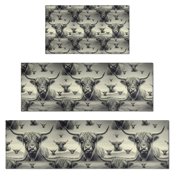 Gray Highland Cow Layer Pattern Kitchen Rugs Sets Of 3,Kitchen Runner Rugs Non Skid Washable,Decorative Kitchen Floor Mats for Kitchen,Sink,Laundry,17"x30"+ 17"x47" + 17"x59"