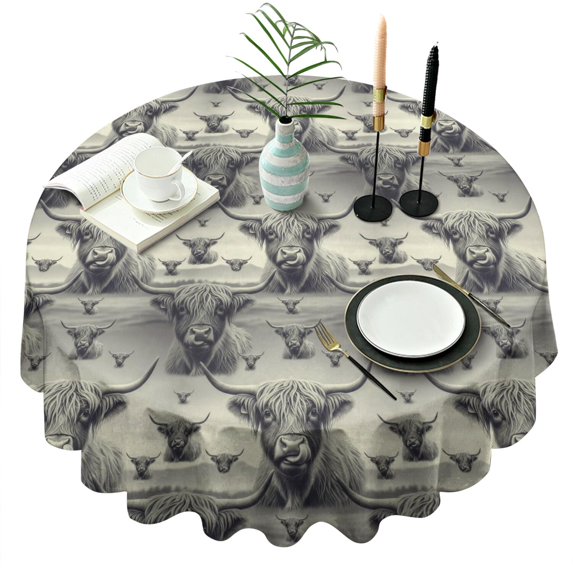 Gray Highland Cow Layer Pattern Round Tablecloth 60"x60",Wrinkle Wipeable Table Cloth for Kitchen Dining Room Picnic Patio Party