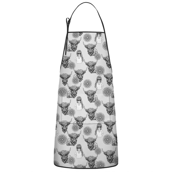 Gray Highland Cow Lemon Pattern Apron-Garden Aprons for Women with Pockets-Cotton Linen Waterproof Kitchen Cooking Gardening Aprons Adjustable for Kitchen,Cooking,BBQ and Salon 33x27 Inch