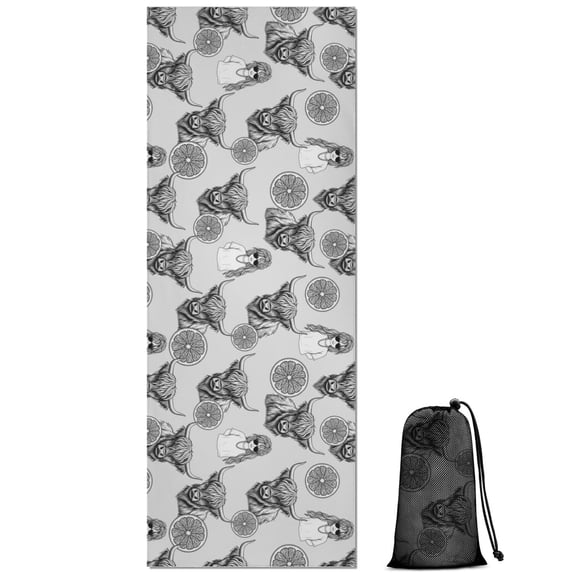 Gray Highland Cow Lemon Pattern Hot Yoga Mat Towel Non Slip for Hot Yoga - Quick-Drying Yoga Mat Cover with 4 Corner Pockets with Travel Bag - Hot Yoga Towel Non Slip 70"x26"