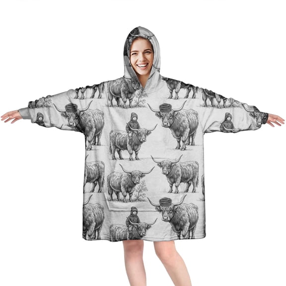 Gray Highland Cow Person Pattern Wearable Oversized Blanket,Wearable Blanket Hoodie for Adults,Cozy Hooded Blankets with Super Pockets,Super Warm Fuzzy Pullover for Women & Men