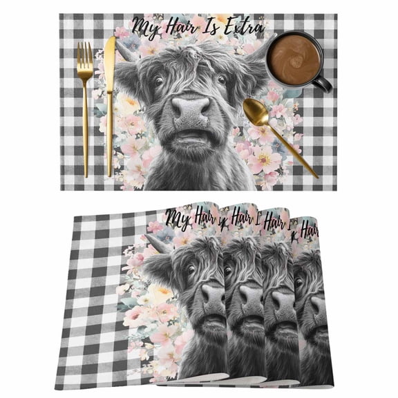Gray Highland Cow Placemats Set of 1, Abstract Animal My Hair Is Extra Pink Flower Plaid Non-Slip Place Mats Washable Table Mats for Kitchen Dining Table Decorations Indoor/Outdoor