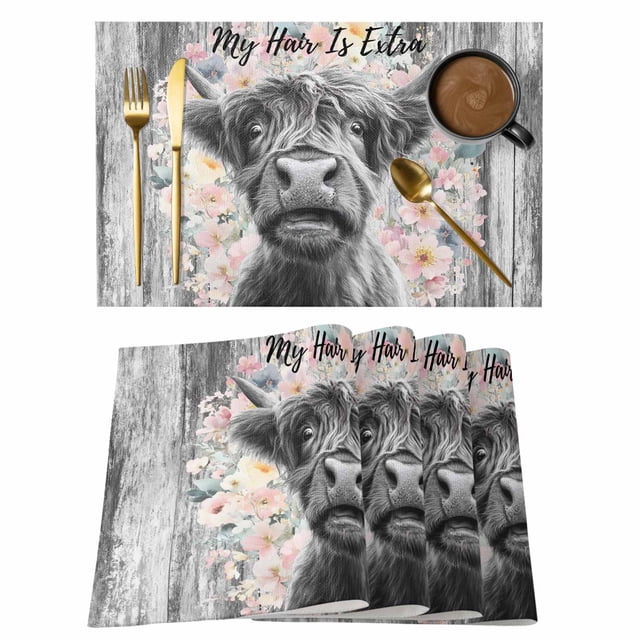 Gray Highland Cow Placemats Set of 1, Abstract Animal My Hair Is Extra ...