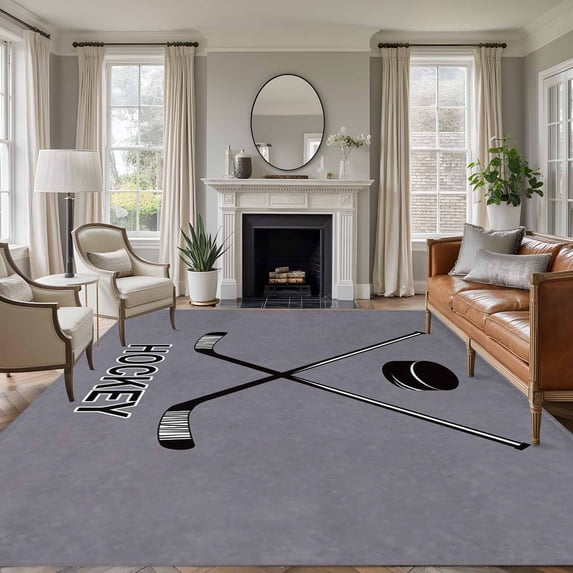 Gray Hockey Area Rug 5x7 Washable Rug Non Slip Modern Art Vintage Hockey Ball Sports Large Area Rug Soft Stainresistant Indoor Floor Carpet for Living Room Bedroom Home Office Dining Room Nursery