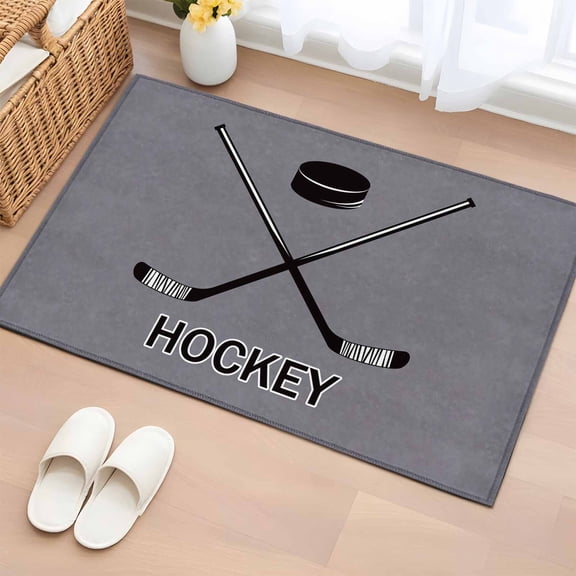 Gray Hockey Bathroom Rug Washable 2x3 Entryway Rug Non Slip Modern Art Vintage Hockey Ball Sports Front Door Mat Low Pile Indoor Doormat Throw Floor Carpet for Kitchen Bedroom Entrance