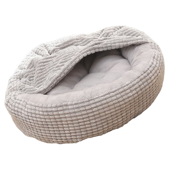 Gray Hooded Dog Bed for Small Dogs and Cats, Cozy Donut Cuddler with Soft PP Cotton, All Seasons Available, Pet Cave Bed with Attached Blanket for Enhanced Security