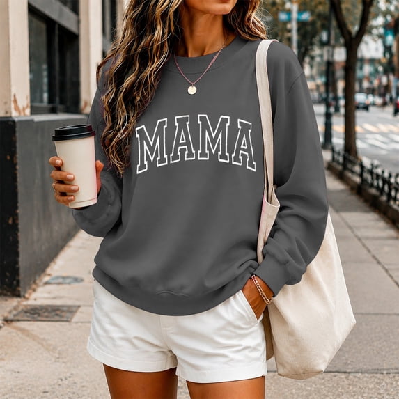 Mama Sweatshirts for Women Embroidered Mama Shirt Oversized Mom Crewneck Pullover Long Sleeve Casual Tops