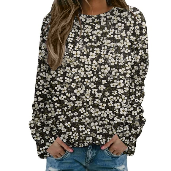 Gray Hoodies for Women Printed Casual Sweatshirt with Round Neck Sleeves Long Sleeves Regular Sleeves Sweatshirt Fall Tops for Women 2025