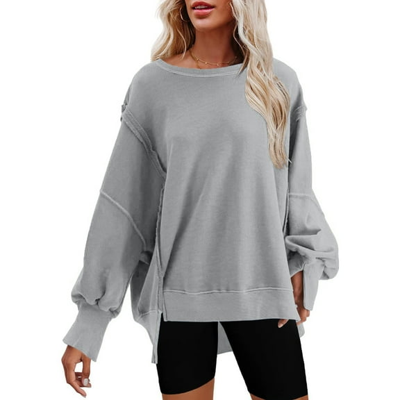 Gray Hoodies for Womens Oversized Crewneck Solid Color Sweatshirt Side Slit Long Sleeve Pullover Slouchy Fit Tops Fall Tops for Women 2025