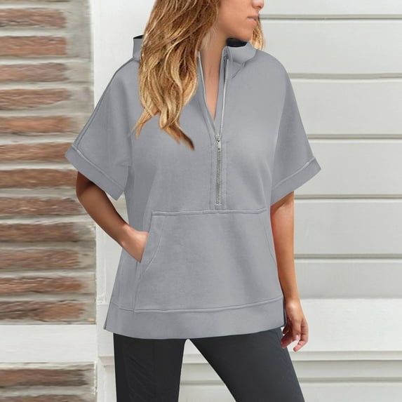 Gray Hoodies for Womens Oversized Half Zip Hoodies Short Sleeve Casual Sweatshirts Pullover Tops with Pockets Fall Tops for Women 2025
