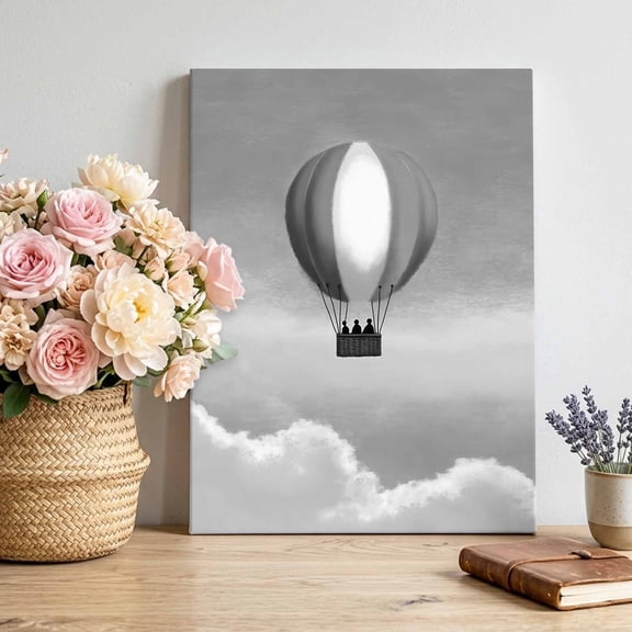 Gray Hot Air Balloon Canvas Wall Art for Living Room, White Clouds Fog Sky Minimalist Poster Print Painting for Bedroom Office Home Decoration Wall Pictures Prepare To Hang 8"x12"