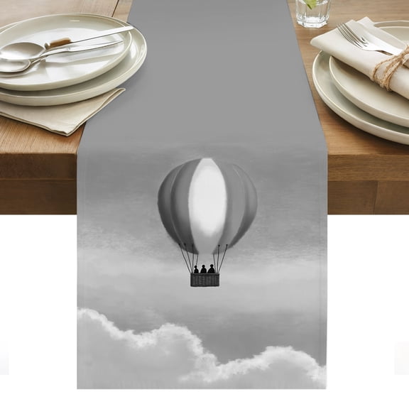 Gray Hot Air Balloon Cotton Linen Table Runner White Clouds Fog Sky Minimalist Dining Table Runners for Home Decor Party Dining Room Restaurant Kitchen Party 13" x 48"