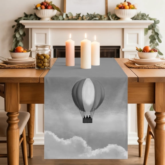 Gray Hot Air Balloon Dining Table Runner, White Clouds Fog Sky Minimalist Washable Table Runners Kitchen Coffee Table Center Decor for Home Party Holiday Wedding 13 x 36 Inches
