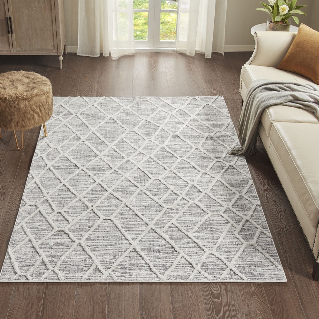 Gray Indoor Area Rug 5X7 Machine Woven Pebble Geo Pattern Soft Medium Pile Non Slip Latex Backing High Traffic Easy Clean For Living Room Bedroom