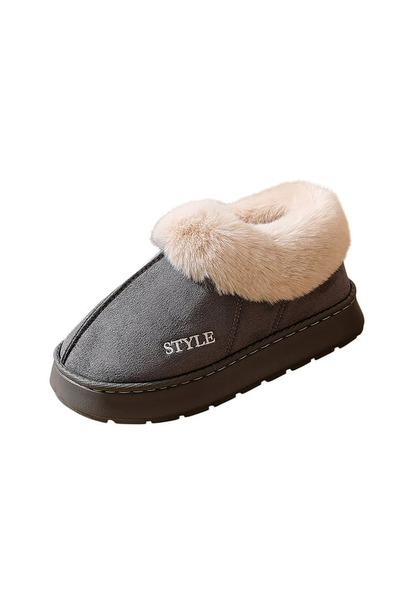 Gray Indoor Outdoor Slippers For Women Fleece Lined Snow Boots Round Toe Closed Toe Thick Sole Warm Shoes Gray Size 44