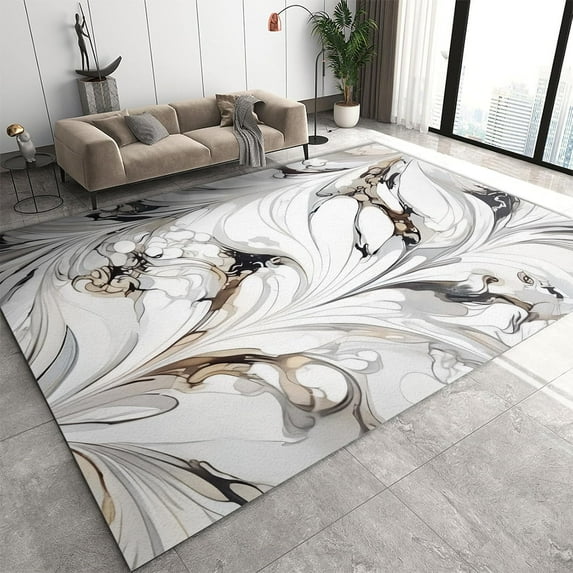 Gray Ink Marble Texture Area Carpet, Retro Abstract Light Luxury Print Bedroom Rugs, Indoor Carpet Soft Machine Washable Non-Slip Suitable for Living Room Study Dining Room 4x5ft