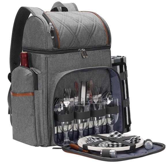 Gray Insulated Cooler Backpack with Tableware Set and Picnic Blanket for 4 People
