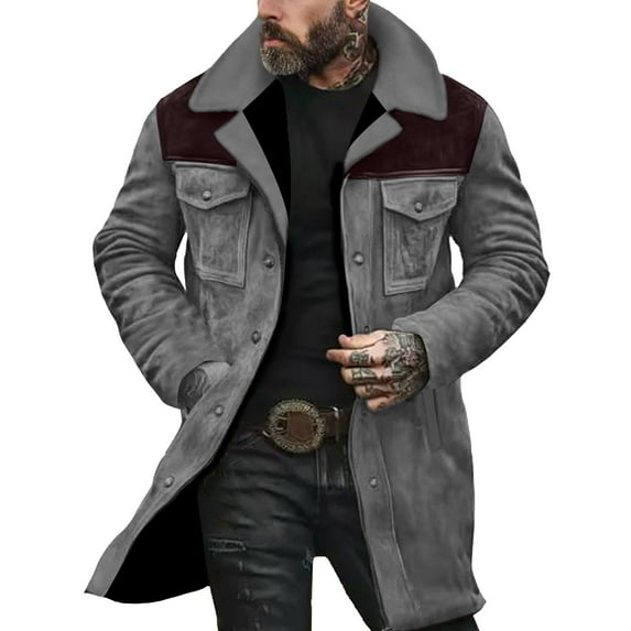 Gray Jacket Men Button Down Vintage Jacket Faux Leather Suede Warm Winter Clothes for Men