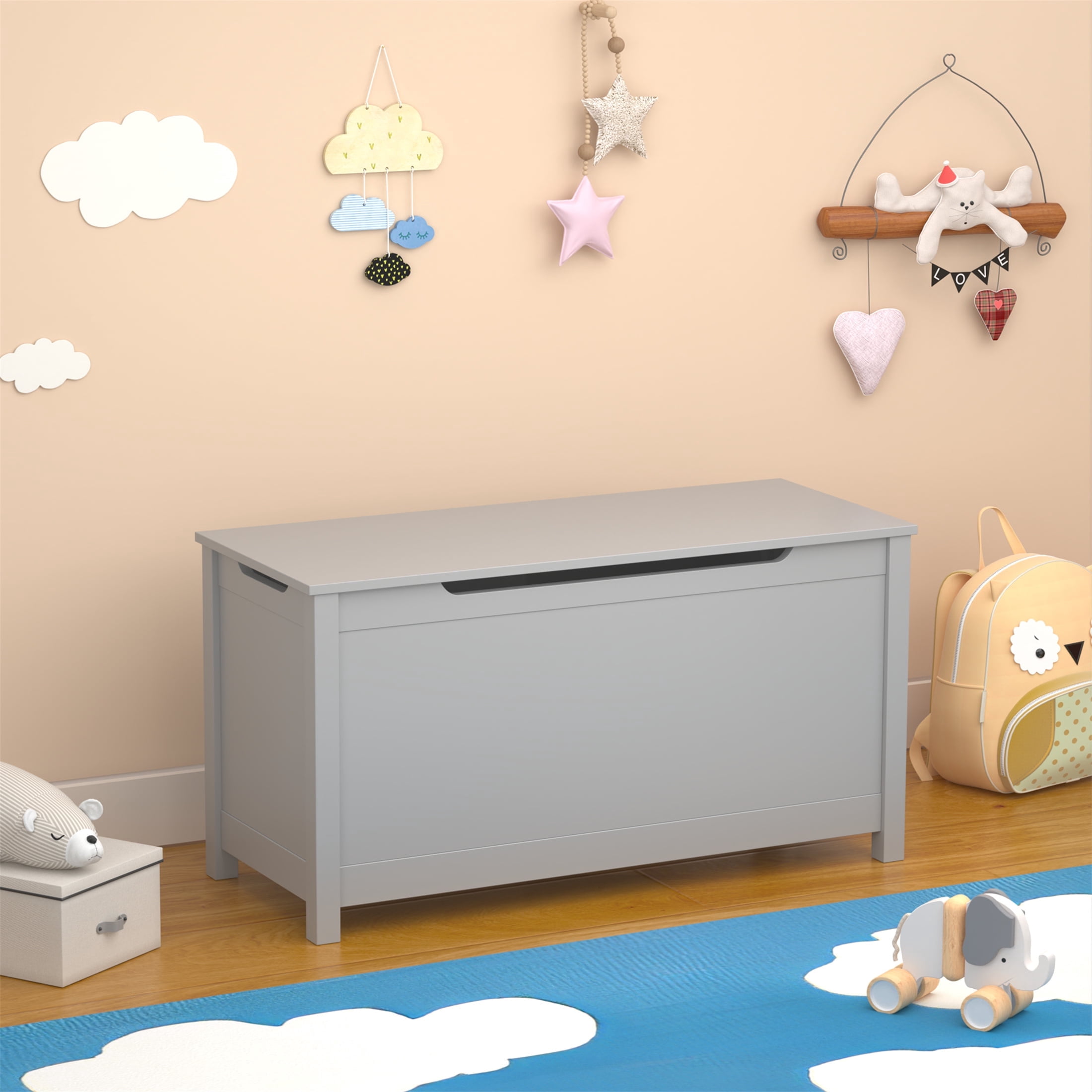 Gray Kids Toy Box with Safety Lid, Wooden Storage Bench for Toys & Books, Multi-Use Organizer with 20-Gallon Capacity for Bedroom and Playroom
