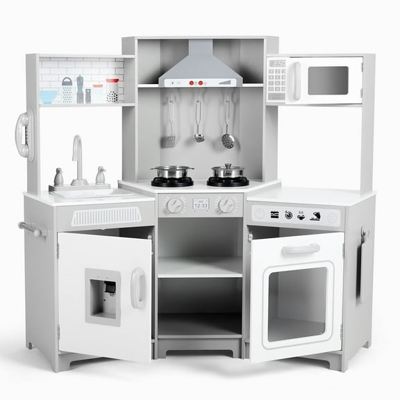 Gray Kids Wooden Corner Play Kitchen Set Pretend Cooking Playset Toys Boys Girls Gift with Microwave Oven,Water Dispenser,Phone,Sink,Utensils