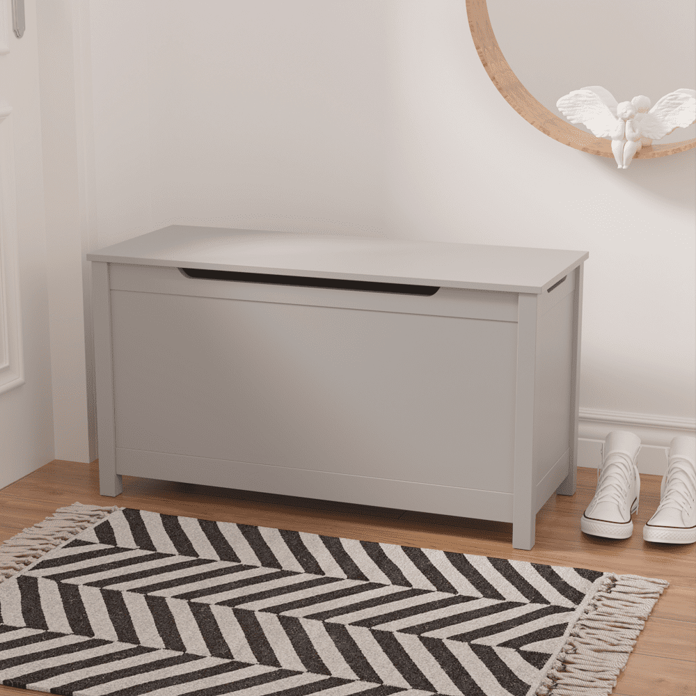 (Gray) Kids Wooden Toy Box Storage with Safety Hinged Lid for Ages 2+