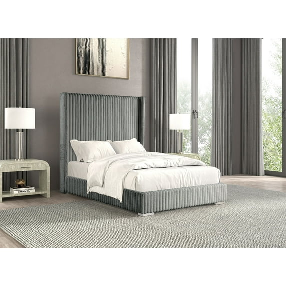 Gray King Bed: Fur Chenille Fabric, Mattress Ready, Contemporary Design. 82"x89" Bedroom Wood Bed Frame. Modern & Stylish. Made in Vietnam.