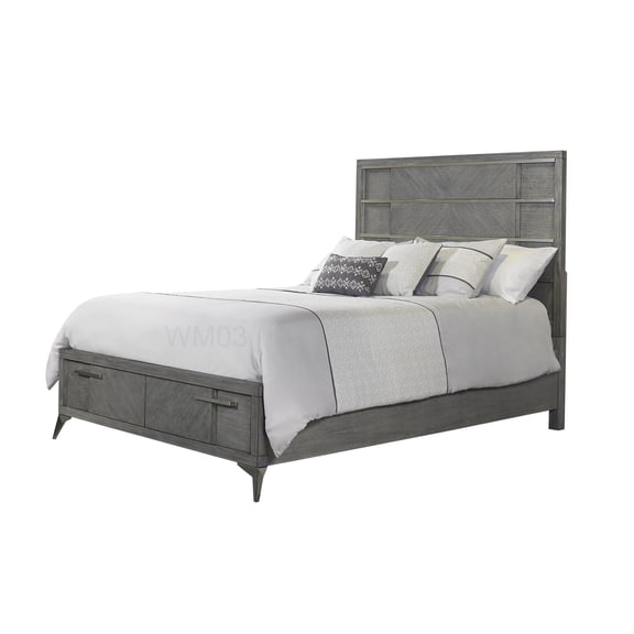 Gray King Size Platform Bed with LED Headboard and Storage Drawers, Bookmatched Wood Veneer for Modern Bedroom