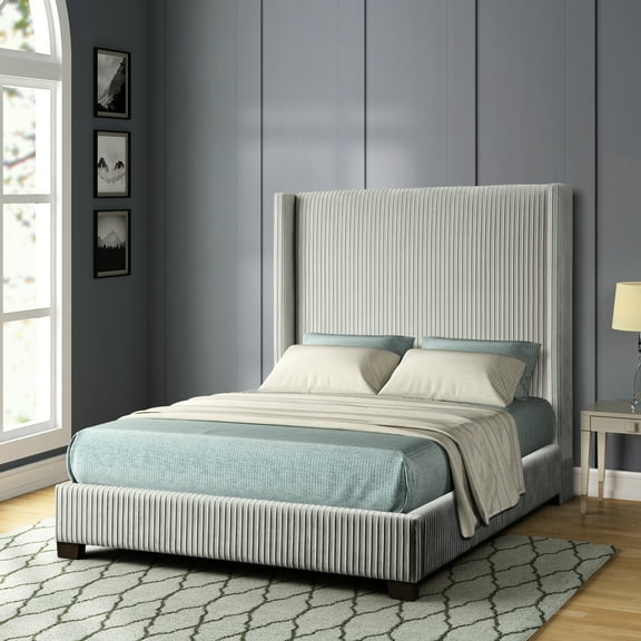 Gray King Upholstered Bed In A Box - , Fascination Suede Construction Pleated Appealing Trait
